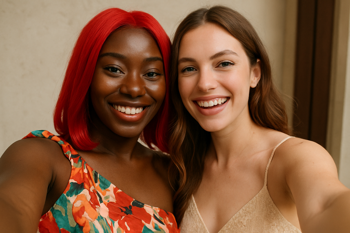 a young black woman wearing a red wig and a dress took a selfie with her white female friend also in a dress, show me the selfie they took from the phones pov