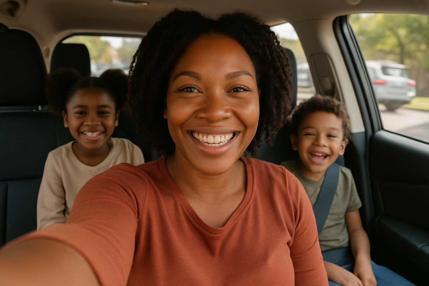 pretty black mom taking a selfie in the car with her kids in the back show me the picture her phone took