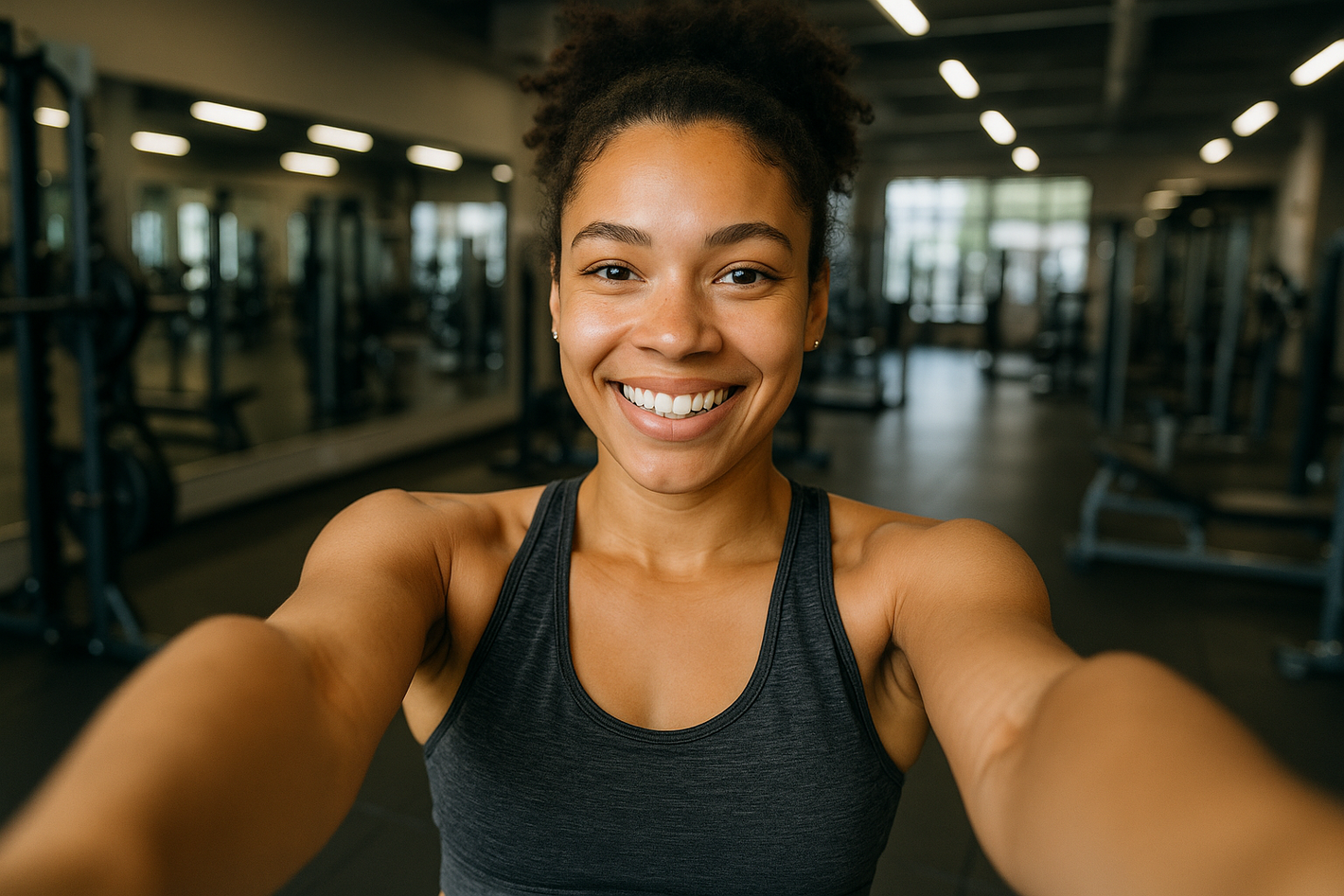 pretty young girl she is mixed with white and black, she took a selfie in the gym show me the picture she took from the pov of her phone