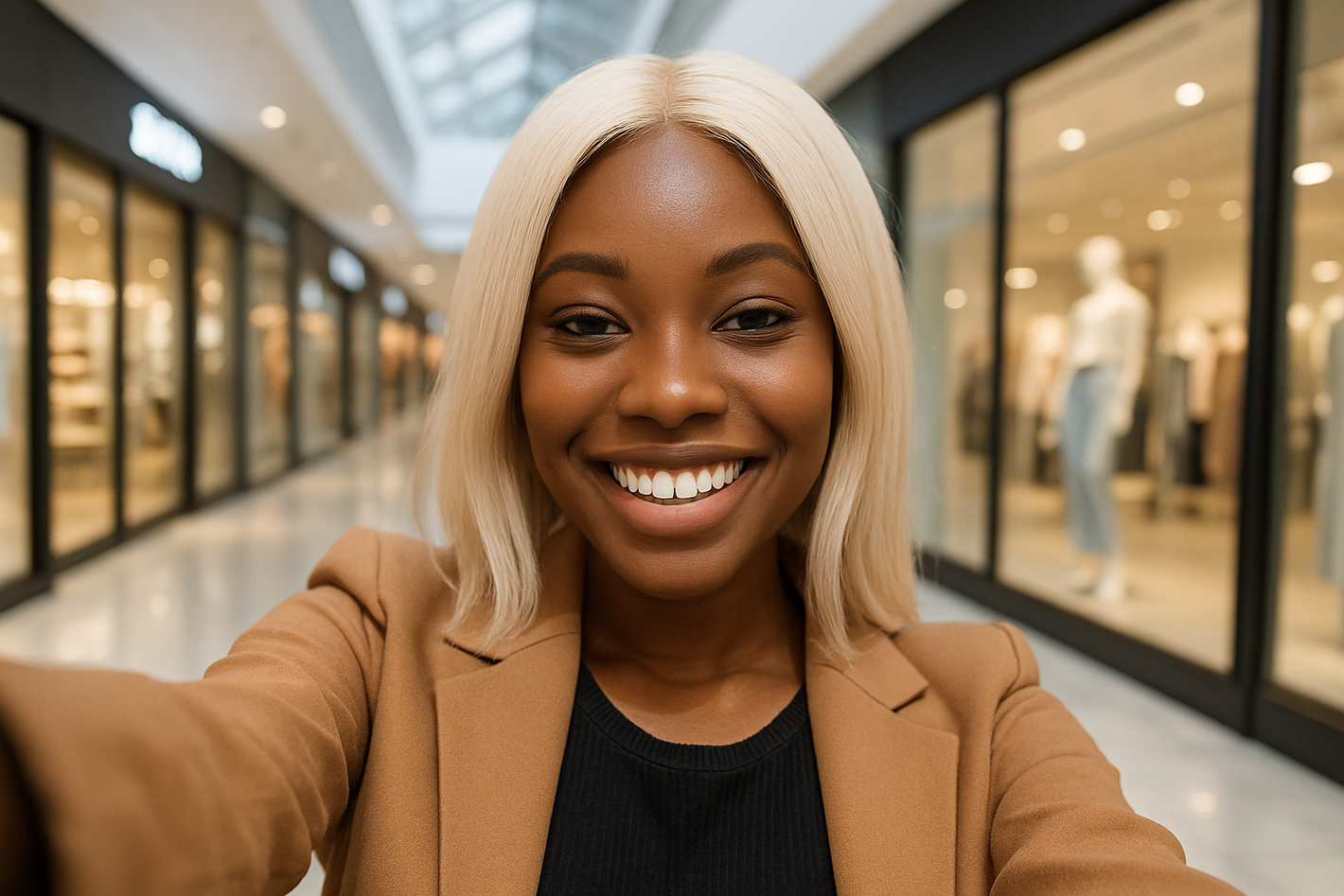 young black woman took a selfie in a mall wearing a platinum wig, show me the selfie she took from her phones pov
